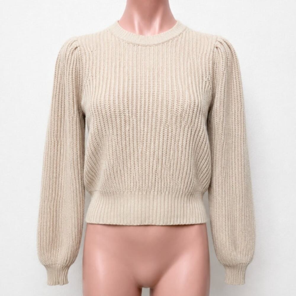 Frame Tan Ribbed Cable Knit Crew Neck Balloon Puff-Sleeve Banded Crop Sweater XS